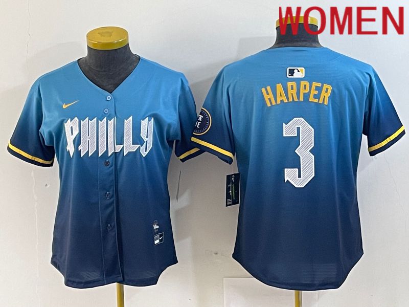Women Philadelphia Phillies #3 Bryce Harper Nike Blue 2024 City Connect Limited Player Jersey style 3